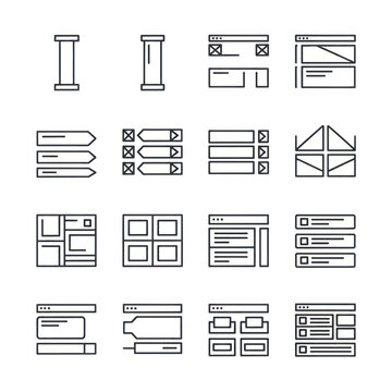 Collection of interface wireframe icons and UI element layouts in outline style.