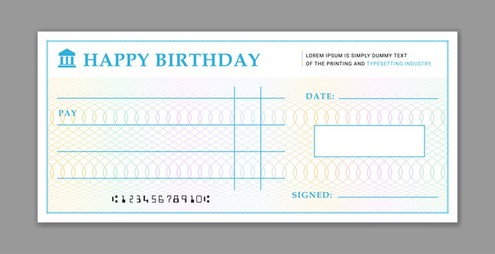 Creative birthday check card Template. Editable birthday money gift voucher certificate. Charity donation cheque