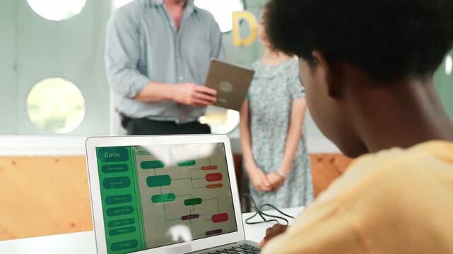 African boy programming system while caucasian girl asking and pointing at tablet. Smart teacher hold tablet while answer caucasian teenager question about coding prompt at Stem class. Edification