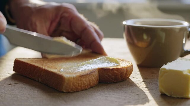 Person spreading butter on toasted bread with a knife, coffee cup in the background, warm kitchen setting with natural light illuminating the scene