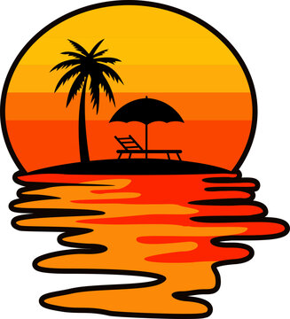Circular Badge Retro Sunset Beach Illustration