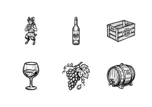 Wine Production and Viticulture Mythology Elements with Traditional Inky Brushwork and Hand-Drawn Painterly Aesthetic