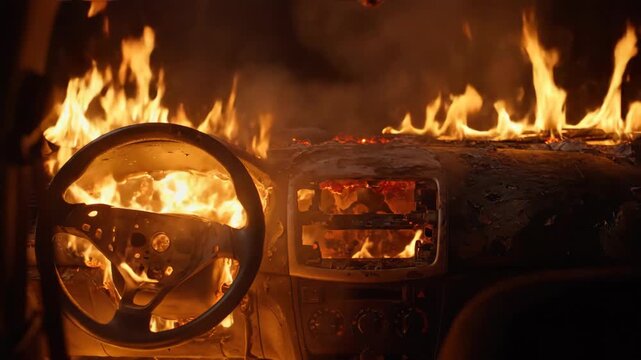 Car interior engulfed in intense flames after a devastating accident