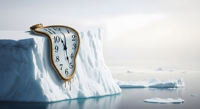 Surreal melting clock on an iceberg in a cold, icy seascape symbolizing the passage of time and the fragility of existence