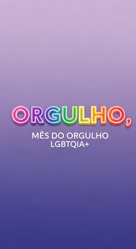 Gradient purple background with colorful neon letters spelling "Orgulho" and "M&ecirc;s do Orgulho LGBTQIA+", showcasing LGBTQIA+ pride concept