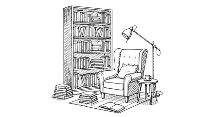 Cozy library reading corner black and white sketch vector illustration with armchair and bookshelves © MdAmzad