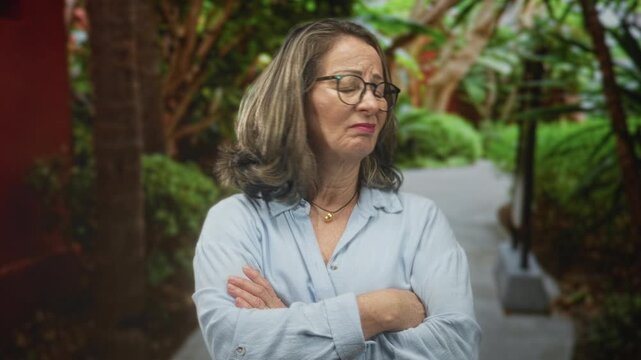 Hispanic senior woman with grey hair and glasses, arms crossed and frowning on a leafy street path, wearing light shirt; disapproval.