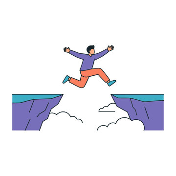 Man jumps over gap between two cliffs with clouds below him