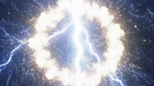 Abstract glowing blue ring with energy particles on dark green background