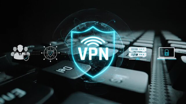 Digital Security Concept with VPN Encryption Shield and Connectivity Icons on Black Keyboard Background for Online Privacy and Protection Sigmoid