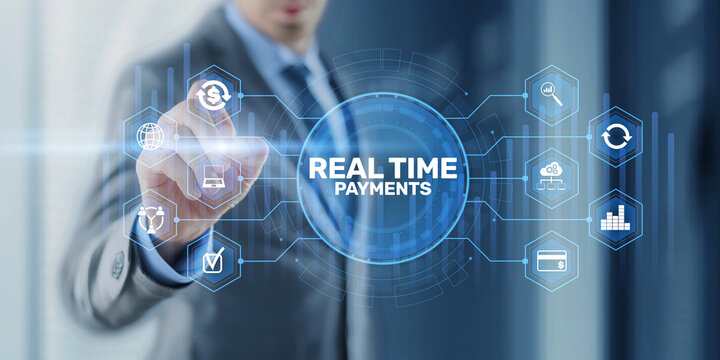 Real Time Payments Instant Financial Platform with Fast Transactions Interface Businessman Touching Virtual Dashboard Screen Digital Banking Technology Concept