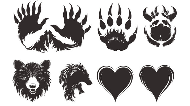 Silhouettes of bear paws, bear face, side profile, and two hearts. Grunge-like design