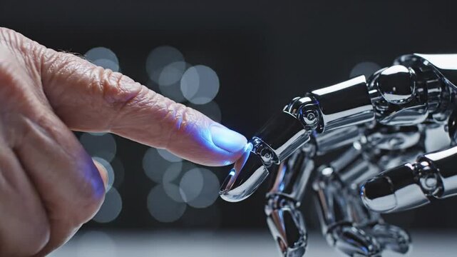 Human finger interacts with robotic hand showcasing technology and connection