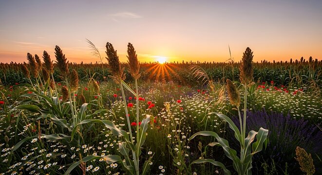 Sorghum Field at Sunset - A Golden Horizon.