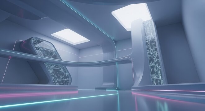 Futuristic clean laboratory with advanced technology and glowing lights