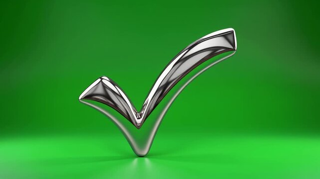 Vibrant green backdrop illuminates a gleaming 3D metallic checkmark symbol, signifying successful completion, positive affirmation, and validated agreement in contemporary graphic design