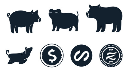 Obraz premium Black graphic illustrations of pigs, coins with symbols. A minimalist design aesthetic