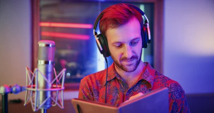 Mic, man and thinking with notebook for singer, music production and lyrics for practice. Media agency, inspiration and male person with tech for musician notes, studio recording audio or song draft