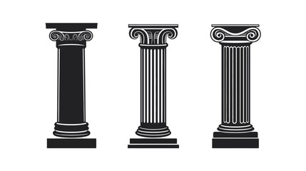 Obraz premium Three classical columns of varying styles, rendered in black and white against a white background