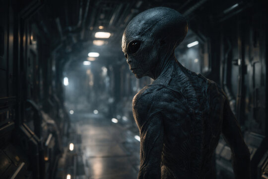 Mysterious Alien Creature in Dark Futuristic Spaceship Corridor