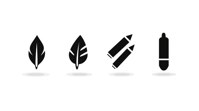 Four black glyph icons two leaves, two pencils, and a tube, all with a drop shadow