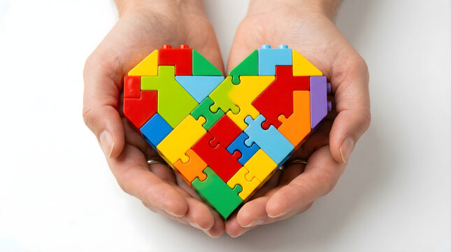 Hands holding heart shape made of blocks