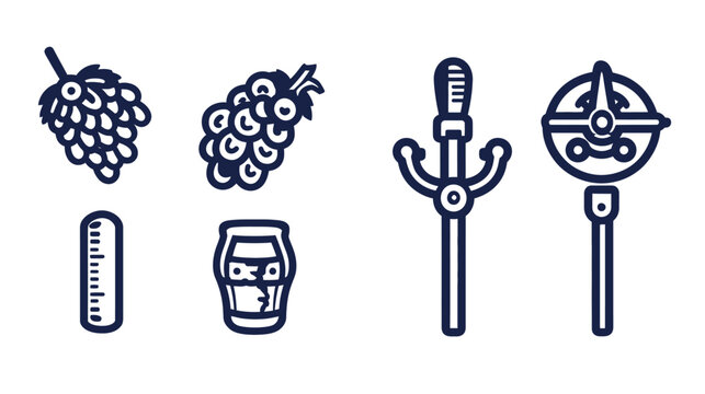 Dark blue icons with outlines of grapes, barrel, a sword and a direction finder