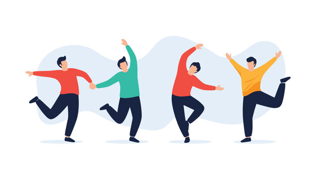 Four people in casual clothing are performing synchronized dance moves or stretching exercises on a white background for fitness and health fun.
