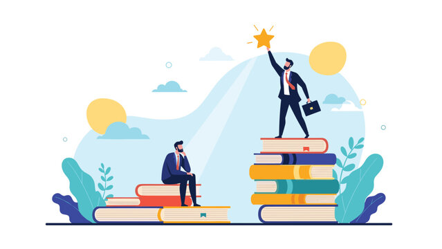 One man sits thoughtfully on a small pile of books while another reaches for a gold star from a taller stack in a colorful education scene art.