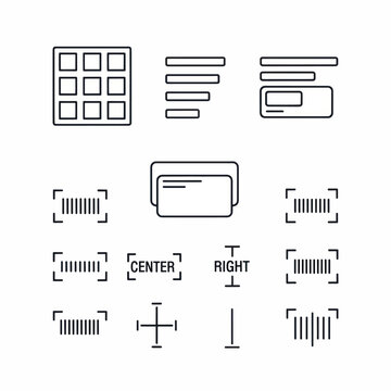 Collection of grid layouts, alignment guides, and UI wireframe icons for design mockups.
