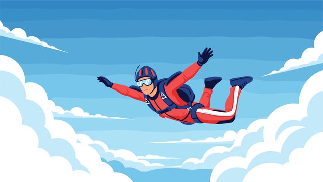 Brave skydiver in a red suit and helmet glides gracefully through a bright blue sky filled with white fluffy clouds.