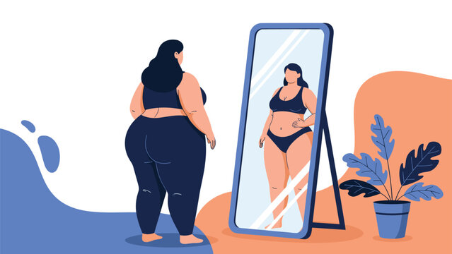 Plus-size woman looks into a full-length mirror and sees a reflection of herself with a much thinner physique.