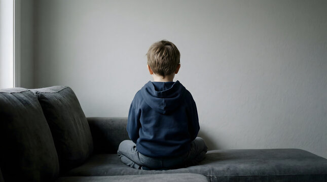 Boy sitting on couch looking away from camera