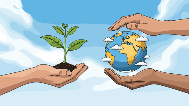 Human hands gently hold a small green sprout and a globe representing environmental protection and global ecological sustainability.