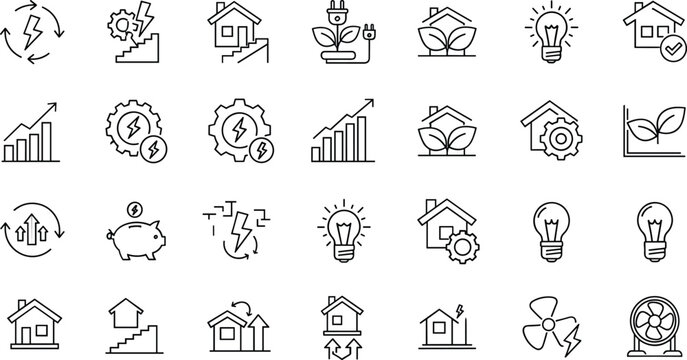 Smart home energy efficiency line icon set with renewable power savings growth charts sustainability technology outline vector collection