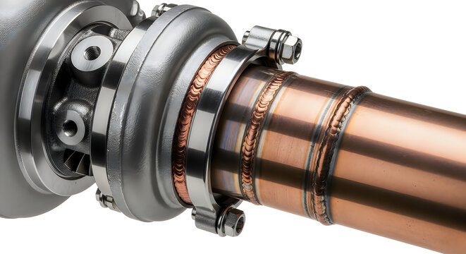 Close-up of turbocharger exhaust pipe connection with copper welds, industrial mechanical detail, industrial detail shot is perfect for engineering and manufacturing