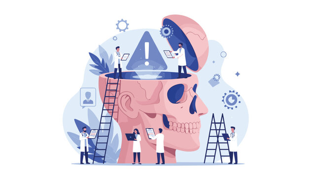 Group of doctors and scientists explore and analyze a giant human skull with a warning sign inside representing brain health research.