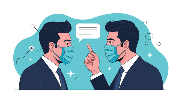 Two professional businessmen wearing protective blue face masks have a serious discussion with a speech bubble symbol in a modern office.