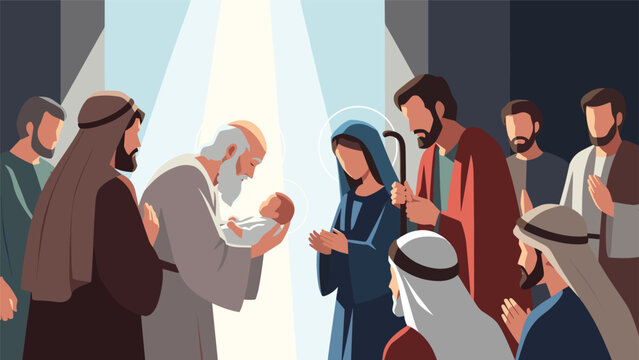 Traditional religious scene of baby Jesus being presented in the temple surrounded by Mary, Joseph, and elders in a bright holy light setting.