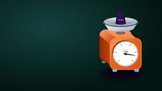 Orange analog kitchen scale with a ten kilogram weight on a dark background