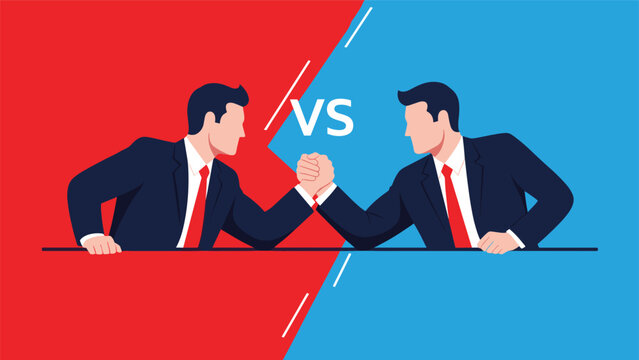 Two competitive businessmen in suits arm wrestling on a table with a red and blue split background to show a business rivalry or challenge.