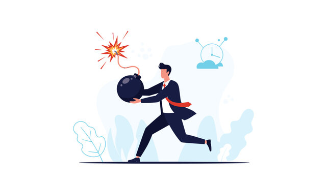 Professional businessman in a suit running quickly while carrying a lit black bomb representing high risk and urgent pressure in business.