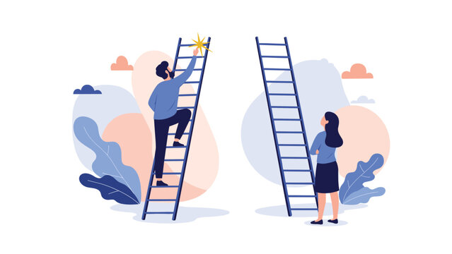 Illustration of a man climbing a ladder towards a star while a woman stands at the base of another ladder depicting career inequality.