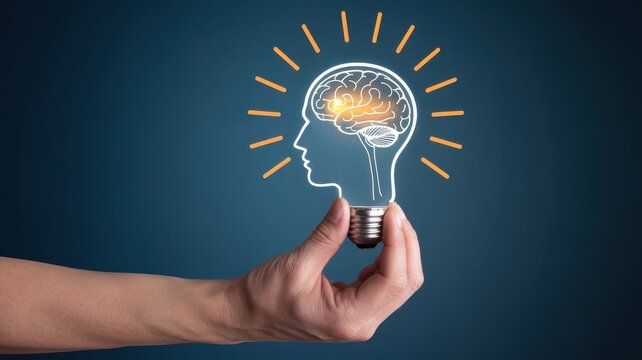 Hand holding a glowing lightbulb with a human brain inside symbolizing creative thinking and intelligence on a dark blue background