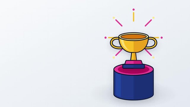 A golden trophy cup on a pedestal celebrating victory and success with colorful celebratory fireworks