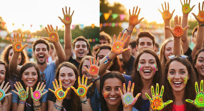 Crowd of young adult smiling people with painted hands and face paint, expressing celebration and unity, representative of festival, gathering and community