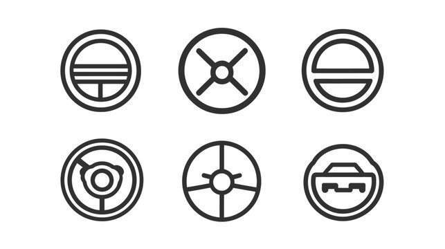 Set of six minimalist line art icons depicting circular steering wheels