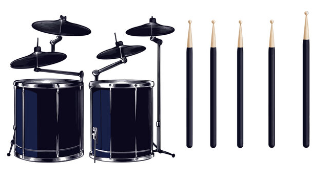 Illustration of a dark blue drum kit and drumsticks on a white background