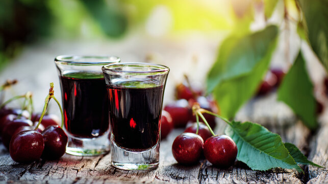 Cherry liqueur in shot glasses on rustic wooden table, fresh ripe berries with green leaves, summer dessert drink