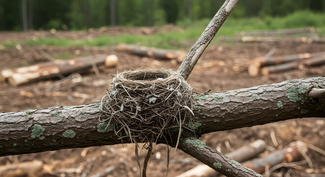 A delicate bird's nest sits precariously on a fallen tree branch amidst a barren, logged forest landscape, highlighting the stark contrast between nature's fragility and human impact